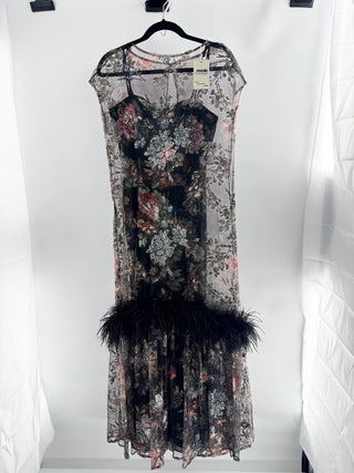 Badgley Mischka embellished long dress with mesh overlay with feathers, 2