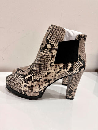 AllSaints Sarris Leather Snakeprint Platform Heeled Boot Gray Black Womens 10 US