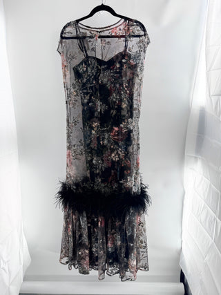 Badgley Mischka embellished long dress with mesh overlay with feathers, 2