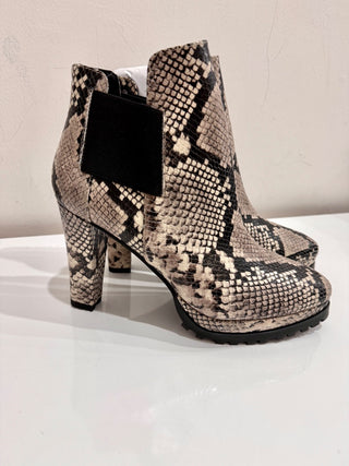 AllSaints Sarris Leather Snakeprint Platform Heeled Boot Gray Black Womens 10 US