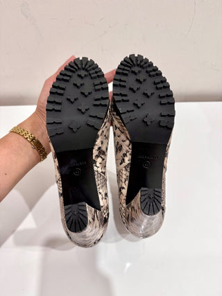 AllSaints Sarris Leather Snakeprint Platform Heeled Boot Gray Black Womens 10 US