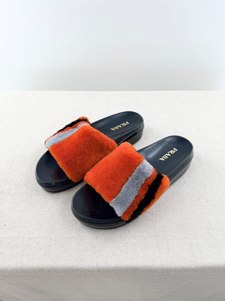 Prada colorblock fur slides, 40