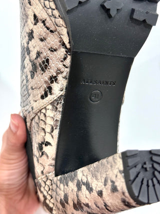 AllSaints Sarris Leather Snakeprint Platform Heeled Boot Gray Black Womens 10 US