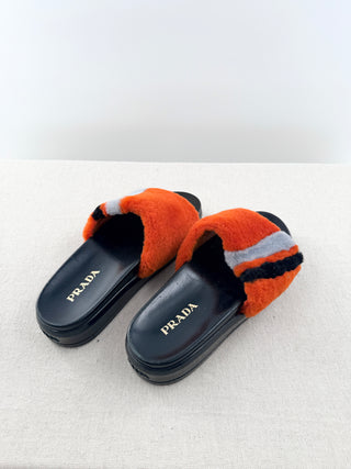 Prada colorblock fur slides, 40