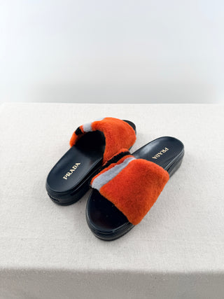 Prada colorblock fur slides, 40