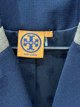 Tory Burch Wool Blend Gold Tone Single Breasted Blazer Jacket Navy Blue Womens 6