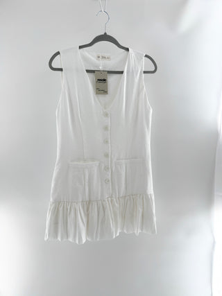 TNS Sleeveless mini dress, with v neck, front button detail, ruffle hem, XS