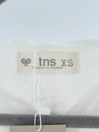 TNS Sleeveless mini dress, with v neck, front button detail, ruffle hem, XS
