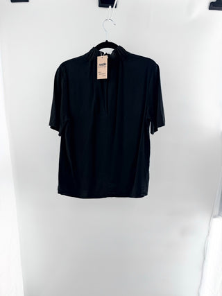 COS Satin Short Sleeve Gathered High Neck Blouse Top Black Women's Size 10