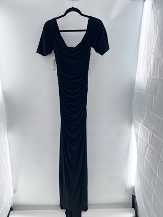 Badgley Mischka Ruched off-shoulder black evening gown, 10