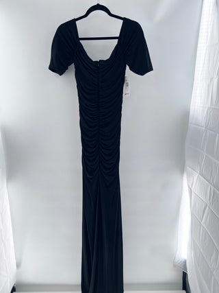 Badgley Mischka Ruched off-shoulder black evening gown, 10