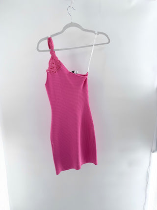 NWT Self-Portrait One-Shoulder Ribbed Knit Mini Dress Pop Pink Women's Small