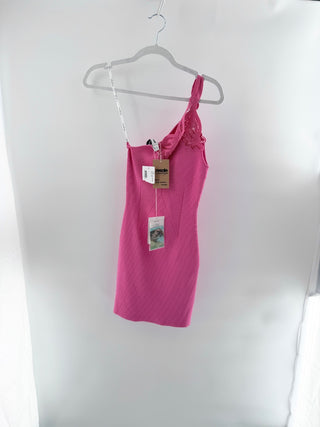 NWT Self-Portrait One-Shoulder Ribbed Knit Mini Dress Pop Pink Women's Small