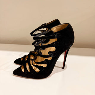 Christian Louboutin Viennana Suede Pointed Toe Heeled Strappy Pumps Black EU 37