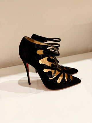 Christian Louboutin Viennana Suede Pointed Toe Heeled Strappy Pumps Black EU 37