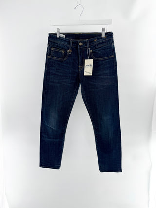 R13 dark-wash denim slim straight jeans featuring mid-rise fit, 26