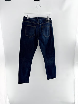 R13 dark-wash denim slim straight jeans featuring mid-rise fit, 26