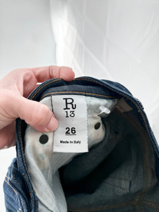 R13 dark-wash denim slim straight jeans featuring mid-rise fit, 26