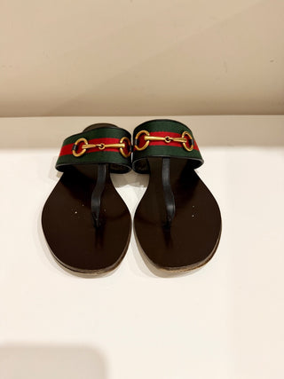 Gucci Querelle Leather/Canvas Horsebit Flat Thong Sandals Black Women's EU 39.5