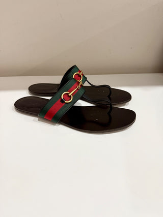 Gucci Querelle Leather/Canvas Horsebit Flat Thong Sandals Black Women's EU 39.5