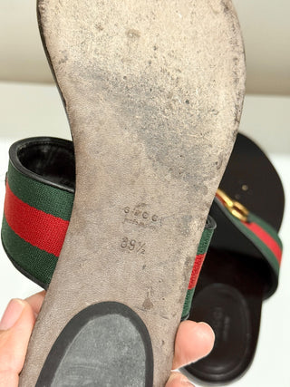 Gucci Querelle Leather/Canvas Horsebit Flat Thong Sandals Black Women's EU 39.5