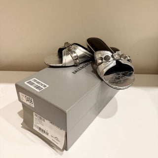 Balenciaga Cagole Embellished Metallic Textured-Leather Flat Sandal Silver EU 38