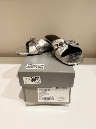 Balenciaga Cagole Embellished Metallic Textured-Leather Flat Sandal Silver EU 38