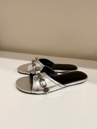 Balenciaga Cagole Embellished Metallic Textured-Leather Flat Sandal Silver EU 38