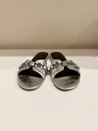 Balenciaga Cagole Embellished Metallic Textured-Leather Flat Sandal Silver EU 38