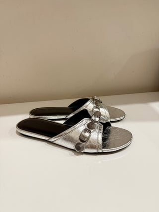 Balenciaga Cagole Embellished Metallic Textured-Leather Flat Sandal Silver EU 38