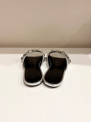 Balenciaga Cagole Embellished Metallic Textured-Leather Flat Sandal Silver EU 38