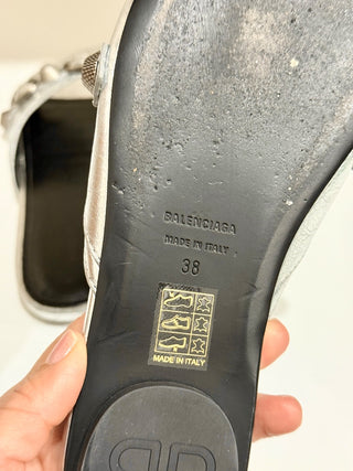 Balenciaga Cagole Embellished Metallic Textured-Leather Flat Sandal Silver EU 38