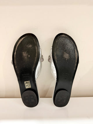 Balenciaga Cagole Embellished Metallic Textured-Leather Flat Sandal Silver EU 38