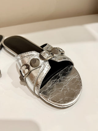 Balenciaga Cagole Embellished Metallic Textured-Leather Flat Sandal Silver EU 38