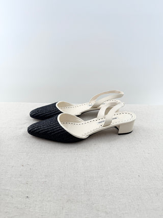 Manolo Blahnik raffia and leather block heel slingback pumps, 40.5