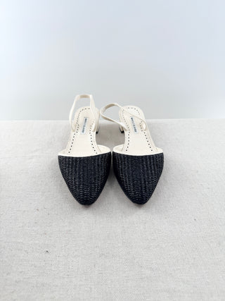 Manolo Blahnik raffia and leather block heel slingback pumps, 40.5