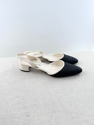Manolo Blahnik raffia and leather block heel slingback pumps, 40.5