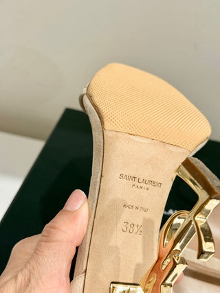 Saint Laurent Suede Vernice Opyum 110 Heeled Sandals Pale Beige Women's EU 38.5