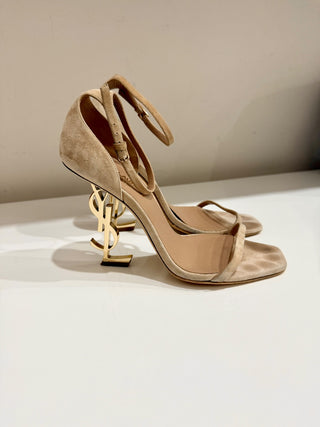 Saint Laurent Suede Vernice Opyum 110 Heeled Sandals Pale Beige Women's EU 38.5