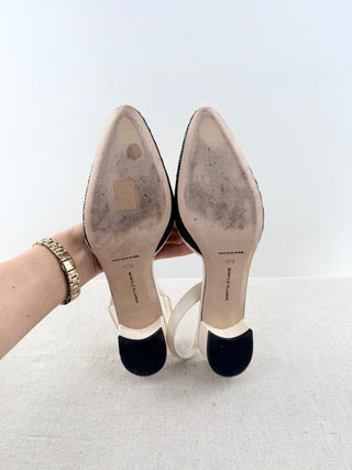 Manolo Blahnik raffia and leather block heel slingback pumps, 40.5