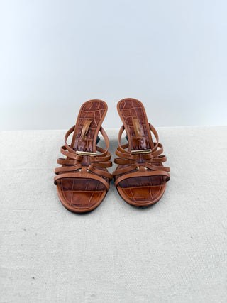 Ferragamo Anemone Leather Strappy Caged Wedge Sandals Brown Womens Size US 10