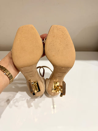 Saint Laurent Suede Vernice Opyum 110 Heeled Sandals Pale Beige Women's EU 38.5