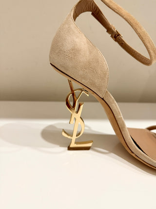 Saint Laurent Suede Vernice Opyum 110 Heeled Sandals Pale Beige Women's EU 38.5