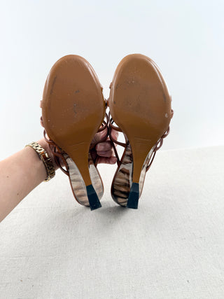 Ferragamo Anemone Leather Strappy Caged Wedge Sandals Brown Womens Size US 10