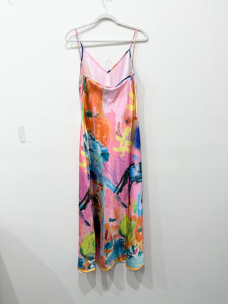 Romy The Label Rodeo Satin Watercolor Maxi Slip Dress Pink Multi Women's Size M