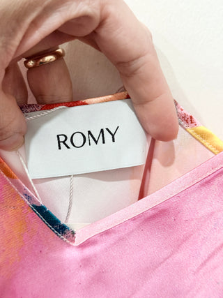 Romy The Label Rodeo Satin Watercolor Maxi Slip Dress Pink Multi Women's Size M