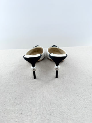 Chanel pointy mule with heel pearl detail leather and satin, 41.5