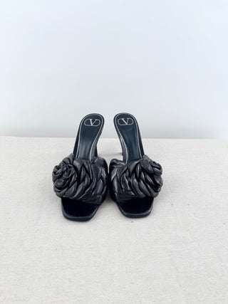 Valentino Garavani Floral-Appliqué Leather Stilettos Heel Mules Black EU 38