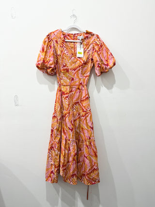 NWT Gibson Latimer Floral Puff Sleeve A-Line Midi Dress Orange Pink Womens S