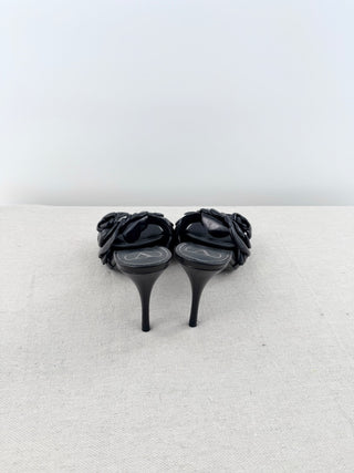Valentino Garavani Floral-Appliqué Leather Stilettos Heel Mules Black EU 38